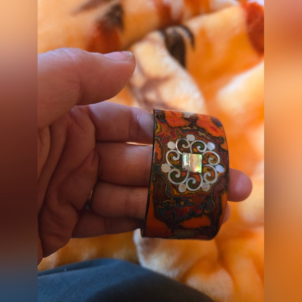 ❤️ Vibrant Artisan Enamel Cuff Bracelet w/ Mother-of-Pearl Inlay – Boho Statemen - Picture 3 of 6